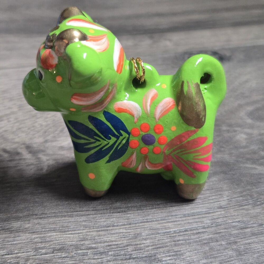Lucuma Peru Ceramic Torito de Pucara Bull Ornament Hand Painted Folk Art Green